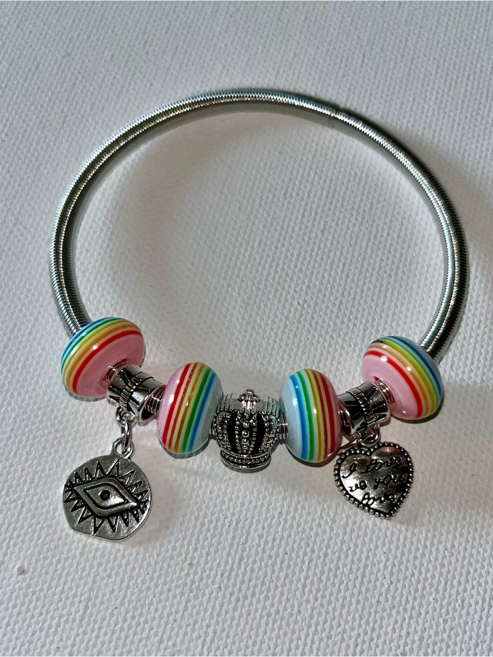 Silver Bracelet with Rainbow Glass Beads and Charms